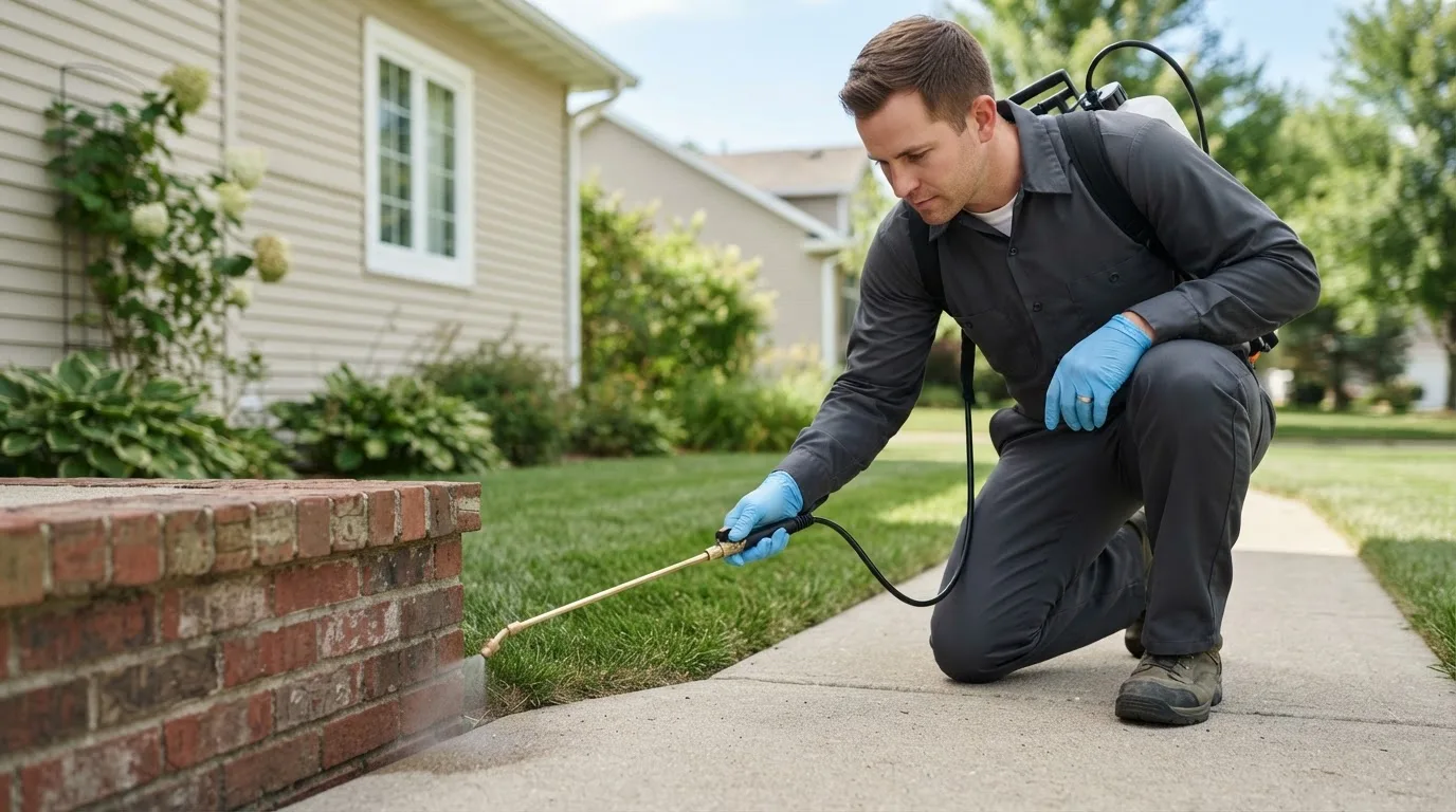 Pest control technician treating a home near Killduff, IA